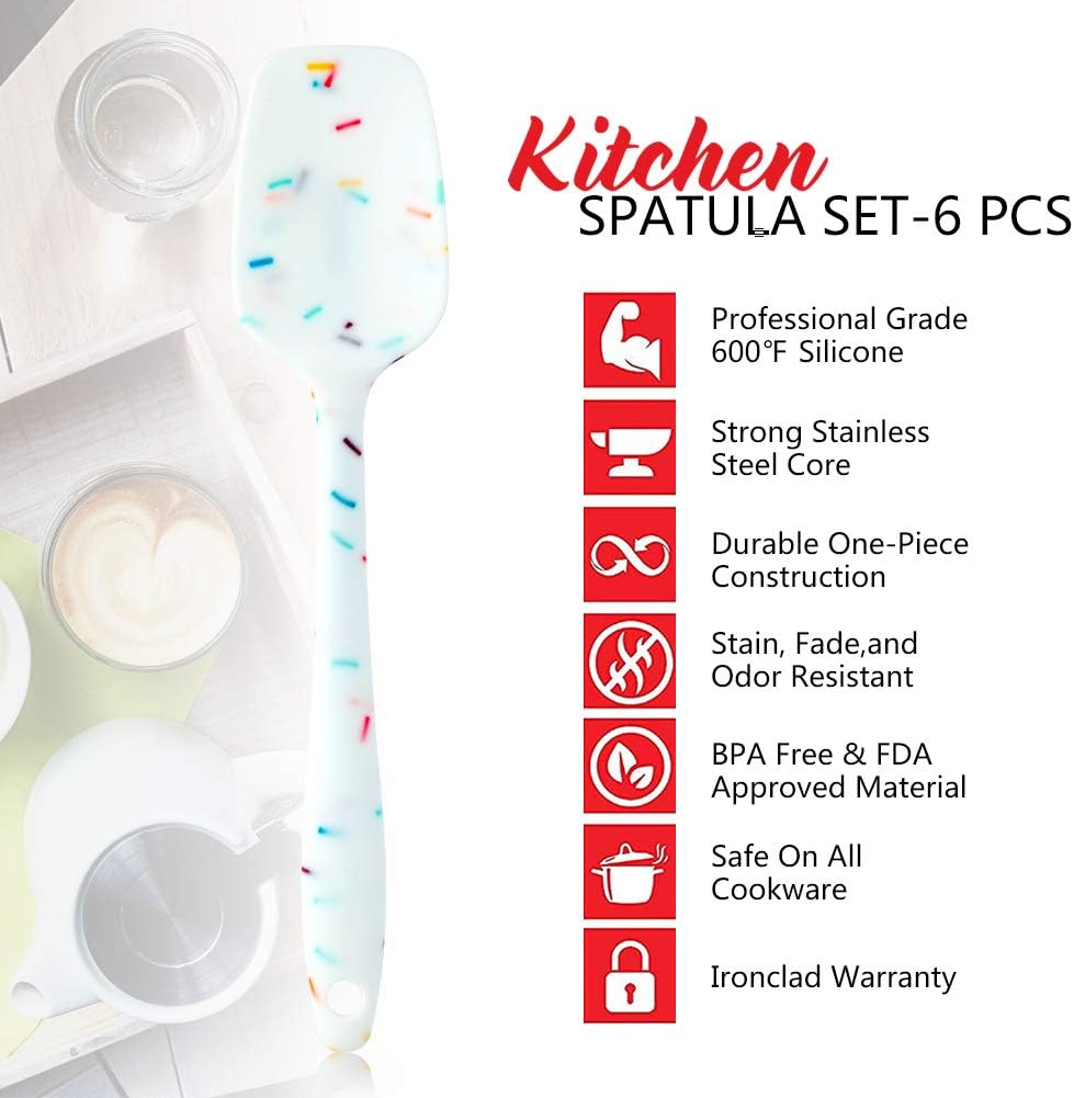Silicone Spatula Set 6 Piece Heat Resistant Rubber Spatulas Set for Baking Cooking and Mixing Kitchen Utensils Seamless One Piece Spatula with Stainless Steel Core Nonstick Dishwasher Safe