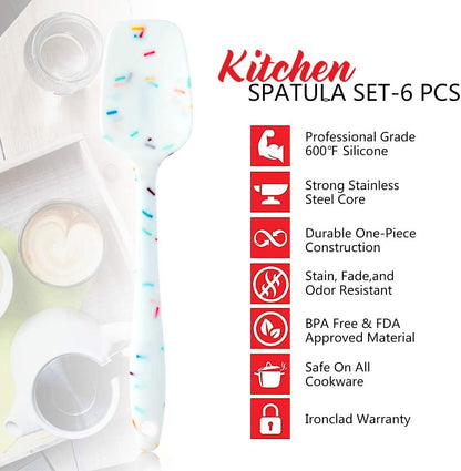 Silicone Spatula Set 6 Piece Heat Resistant Rubber Spatulas Set for Baking Cooking and Mixing Kitchen Utensils Seamless One Piece Spatula with Stainless Steel Core Nonstick Dishwasher Safe