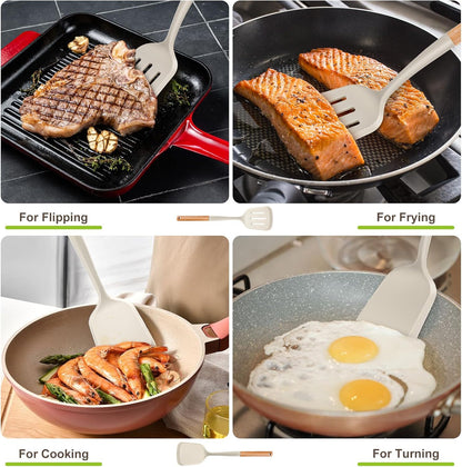 Pack of 2 Silicone Spatula Set with Elegant Wooden Handle, Heat Resistant Solid & Slotted Turner for Non Stick Pans, Great Kitchen Spatulas, Cooking Utensils for Sautéing, Frying and Flipping