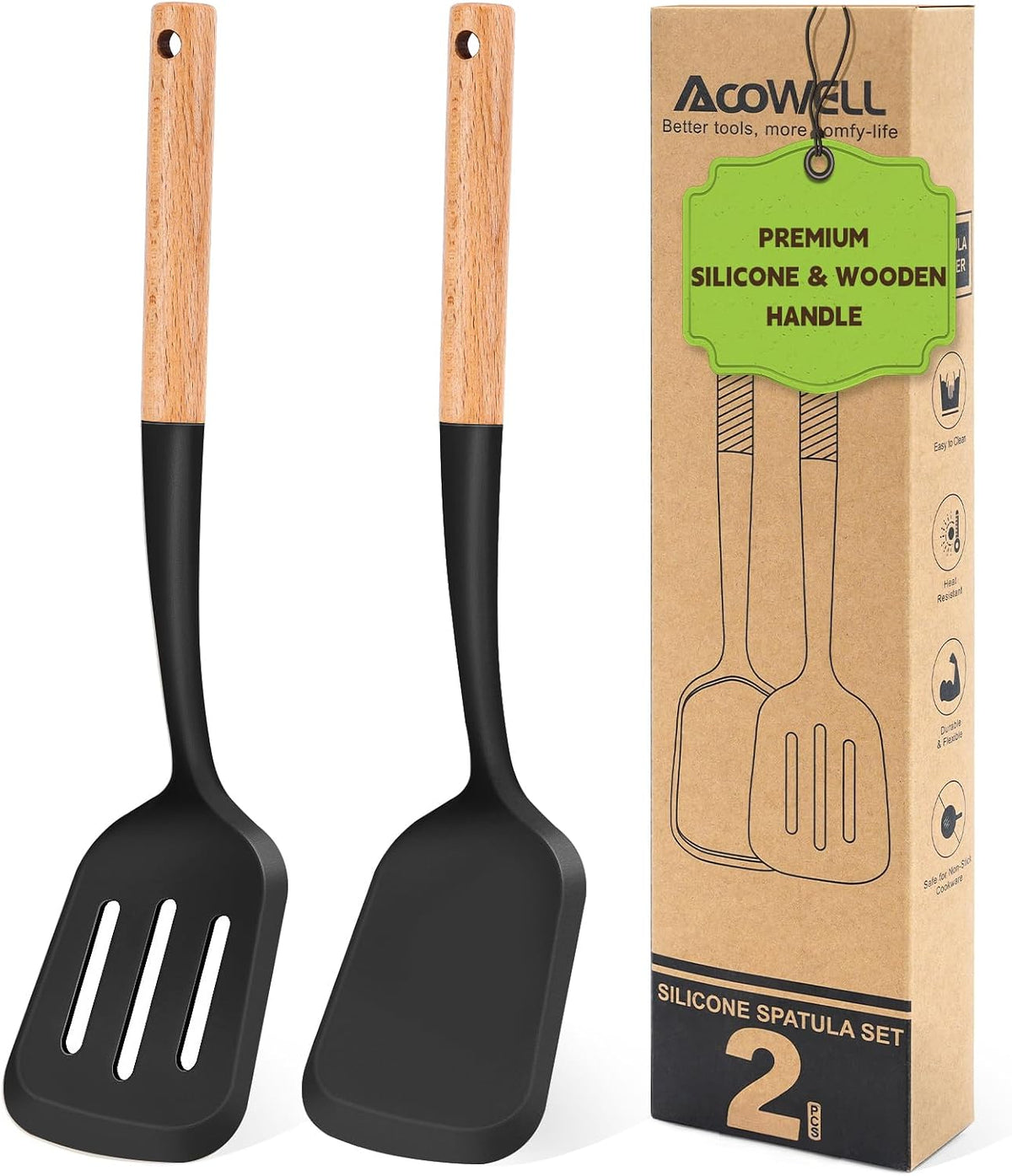 Pack of 2 Silicone Spatula Set with Elegant Wooden Handle, Heat Resistant Solid & Slotted Turner for Non Stick Pans, Great Kitchen Spatulas, Cooking Utensils for Sautéing, Frying and Flipping