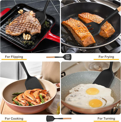 Pack of 2 Silicone Spatula Set with Elegant Wooden Handle, Heat Resistant Solid & Slotted Turner for Non Stick Pans, Great Kitchen Spatulas, Cooking Utensils for Sautéing, Frying and Flipping