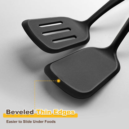 Pack of 2 Silicone Spatula Set with Elegant Wooden Handle, Heat Resistant Solid & Slotted Turner for Non Stick Pans, Great Kitchen Spatulas, Cooking Utensils for Sautéing, Frying and Flipping
