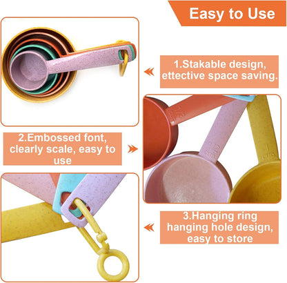 Plastic Measuring Cups and Spoons Set - 10 Pcs Colorful Kitchen Measuring Tool, Engraved Metric/US Markings Stackable Silicone Measure Cup for Liquid & Dry Measuring, Cooking & Baking, Random Color