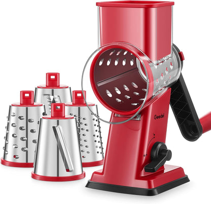 Upgraded Rotary Cheese Grater Hand Crank, Vegetable Shredder Slicer | 4 Blades, Stronger Suction Base, Wider Chute, 18x Faster Cutting, No BPA, Stainless Steel, for Cheese, Veggies, Nut