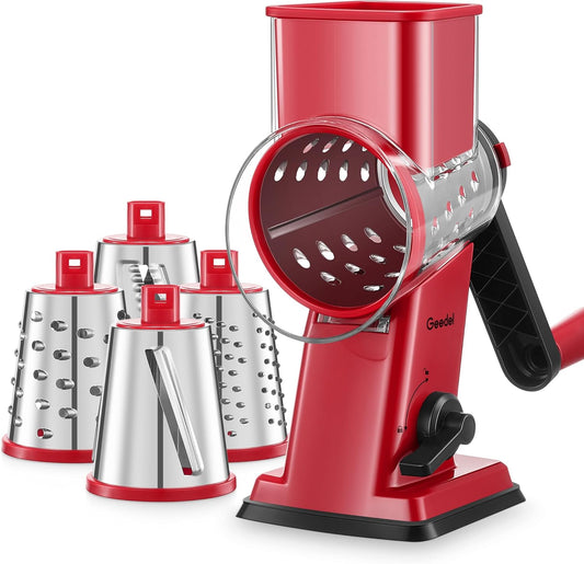 Upgraded Rotary Cheese Grater Hand Crank, Vegetable Shredder Slicer | 4 Blades, Stronger Suction Base, Wider Chute, 18x Faster Cutting, No BPA, Stainless Steel, for Cheese, Veggies, Nut