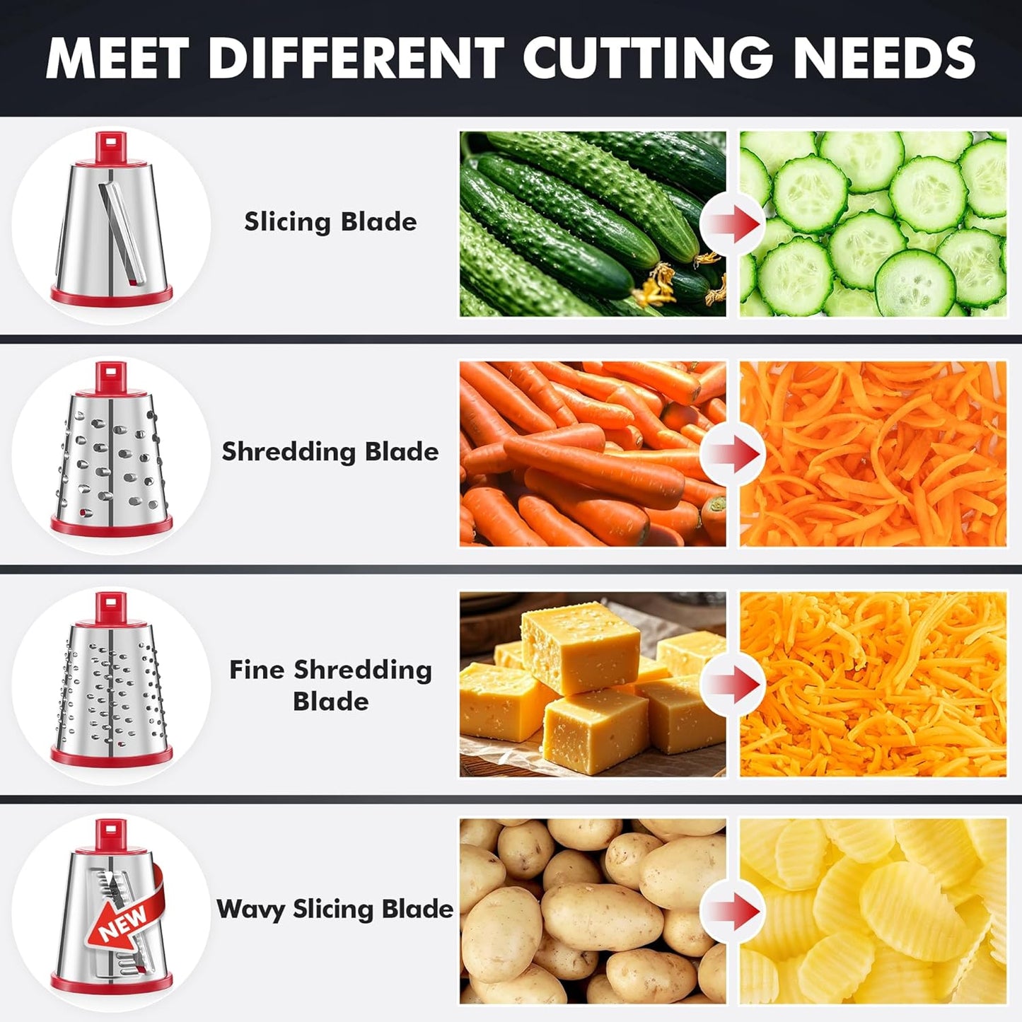 Upgraded Rotary Cheese Grater Hand Crank, Vegetable Shredder Slicer | 4 Blades, Stronger Suction Base, Wider Chute, 18x Faster Cutting, No BPA, Stainless Steel, for Cheese, Veggies, Nut