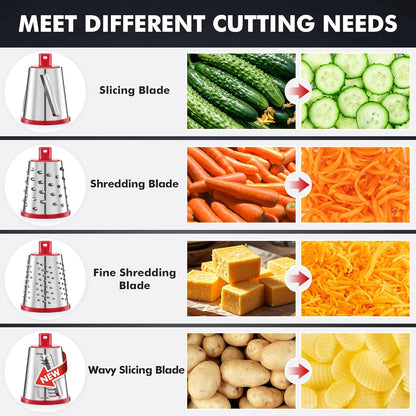 Upgraded Rotary Cheese Grater Hand Crank, Vegetable Shredder Slicer | 4 Blades, Stronger Suction Base, Wider Chute, 18x Faster Cutting, No BPA, Stainless Steel, for Cheese, Veggies, Nut