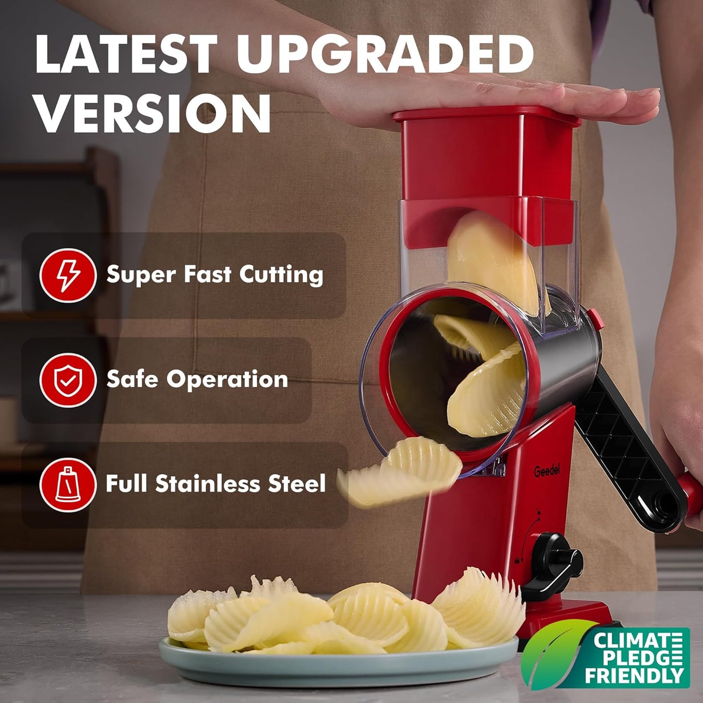 Upgraded Rotary Cheese Grater Hand Crank, Vegetable Shredder Slicer | 4 Blades, Stronger Suction Base, Wider Chute, 18x Faster Cutting, No BPA, Stainless Steel, for Cheese, Veggies, Nut