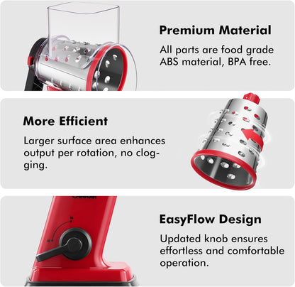 Upgraded Rotary Cheese Grater Hand Crank, Vegetable Shredder Slicer | 4 Blades, Stronger Suction Base, Wider Chute, 18x Faster Cutting, No BPA, Stainless Steel, for Cheese, Veggies, Nut