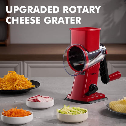 Upgraded Rotary Cheese Grater Hand Crank, Vegetable Shredder Slicer | 4 Blades, Stronger Suction Base, Wider Chute, 18x Faster Cutting, No BPA, Stainless Steel, for Cheese, Veggies, Nut