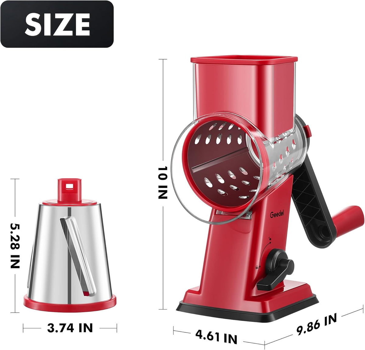 Upgraded Rotary Cheese Grater Hand Crank, Vegetable Shredder Slicer | 4 Blades, Stronger Suction Base, Wider Chute, 18x Faster Cutting, No BPA, Stainless Steel, for Cheese, Veggies, Nut
