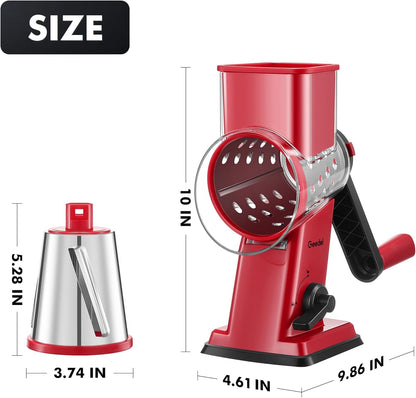 Upgraded Rotary Cheese Grater Hand Crank, Vegetable Shredder Slicer | 4 Blades, Stronger Suction Base, Wider Chute, 18x Faster Cutting, No BPA, Stainless Steel, for Cheese, Veggies, Nut