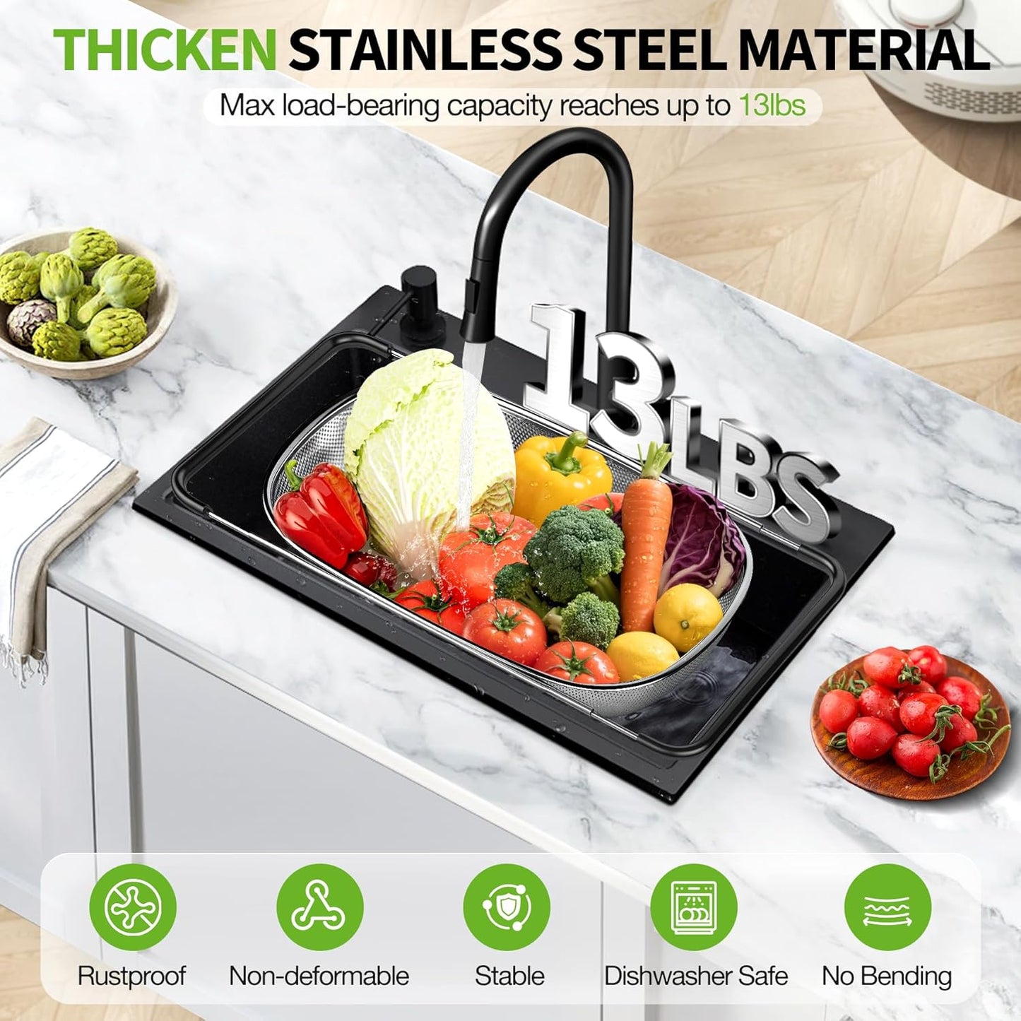 Over the Sink Colander Strainer Basket 6 Quart, Fine Mesh Stainless Steel Colander with Expandable Anti-slip Rubber Grip Handles, Kitchen Sink Vegetable Strainer for Drain Pasta, Rinse Fruits