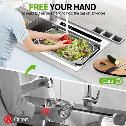 Over the Sink Colander Strainer Basket 6 Quart, Fine Mesh Stainless Steel Colander with Expandable Anti-slip Rubber Grip Handles, Kitchen Sink Vegetable Strainer for Drain Pasta, Rinse Fruits