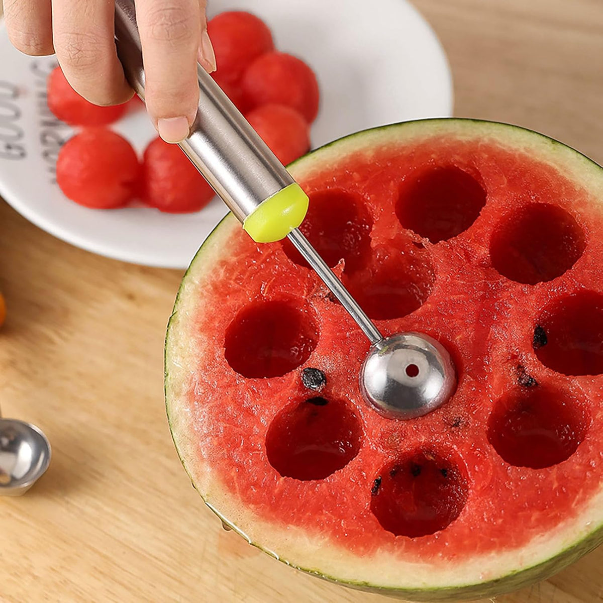 Watermelon Baller Scoop, 2 Pcs Red and Green 8 Inch Stainless Steel Fruit and Ice Cream Hemisphere Spoon for Kitchen and Outdoors (2)