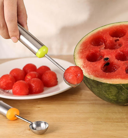 Watermelon Baller Scoop, 2 Pcs Red and Green 8 Inch Stainless Steel Fruit and Ice Cream Hemisphere Spoon for Kitchen and Outdoors (2)