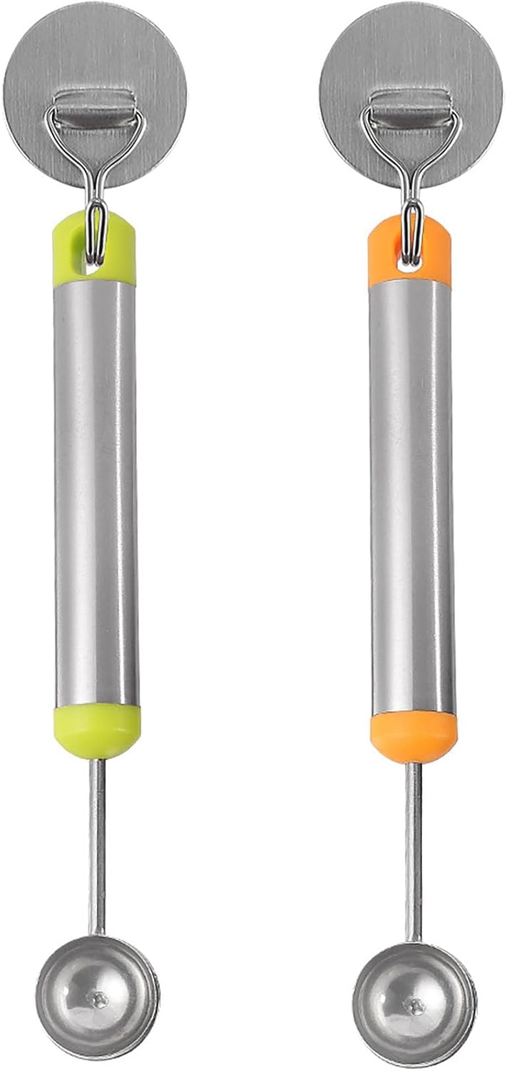 Watermelon Baller Scoop, 2 Pcs Red and Green 8 Inch Stainless Steel Fruit and Ice Cream Hemisphere Spoon for Kitchen and Outdoors (2)
