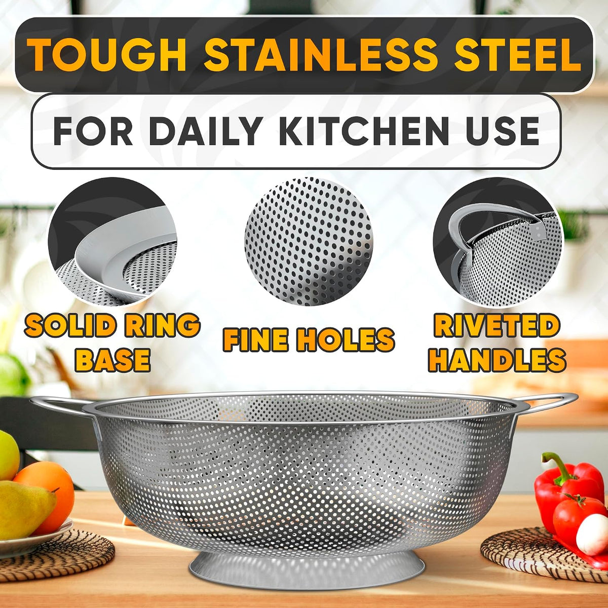 Stainless Steel Strainer for Rice With Handles, Fine Holes, 5 Qt