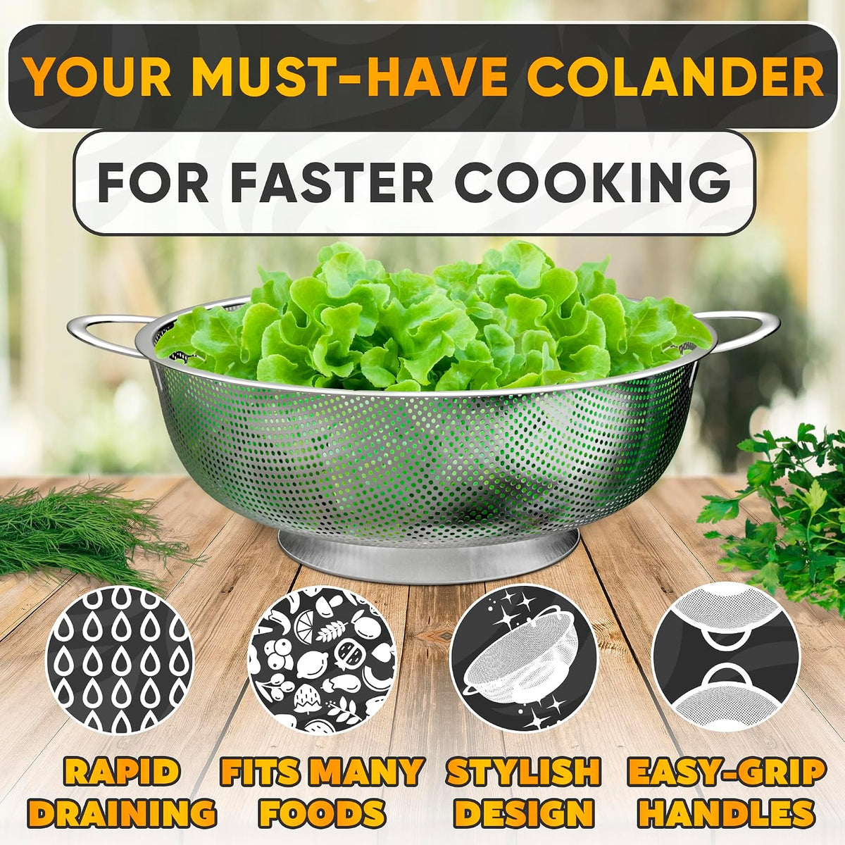 Stainless Steel Strainer for Rice With Handles, Fine Holes, 5 Qt