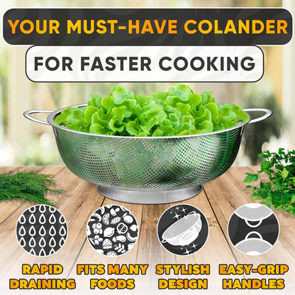 Stainless Steel Strainer for Rice With Handles, Fine Holes, 5 Qt