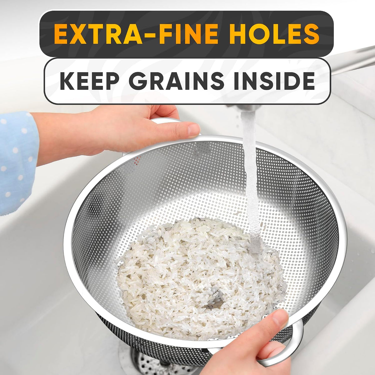 Stainless Steel Strainer for Rice With Handles, Fine Holes, 5 Qt