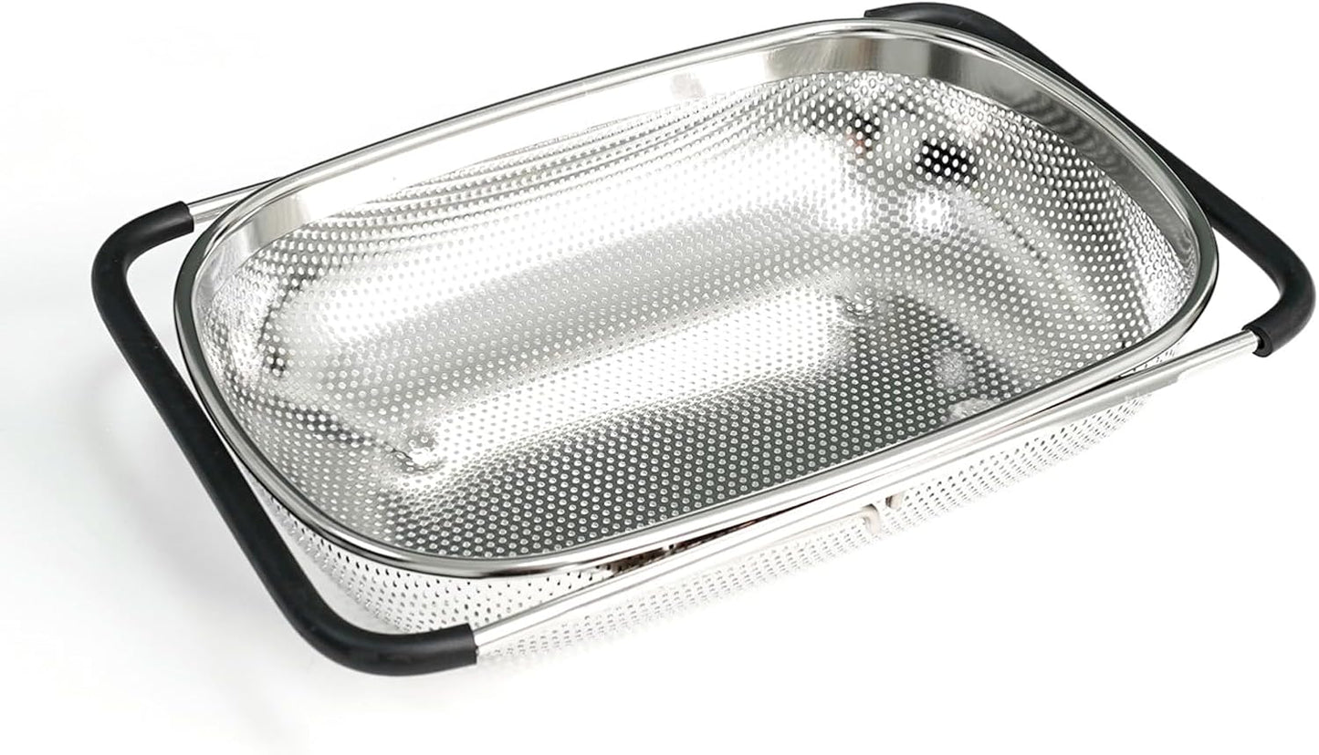 Over the Sink Metal Strainer and Colander for Kitchen - Large Food Strainers and Colanders with Rubber Grip - Sieve Fine Mesh Stainless Steel for Spaghetti, Pasta, Rice, Fruits, Vegetables