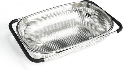 Over the Sink Metal Strainer and Colander for Kitchen - Large Food Strainers and Colanders with Rubber Grip - Sieve Fine Mesh Stainless Steel for Spaghetti, Pasta, Rice, Fruits, Vegetables