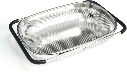 Over the Sink Metal Strainer and Colander for Kitchen - Large Food Strainers and Colanders with Rubber Grip - Sieve Fine Mesh Stainless Steel for Spaghetti, Pasta, Rice, Fruits, Vegetables