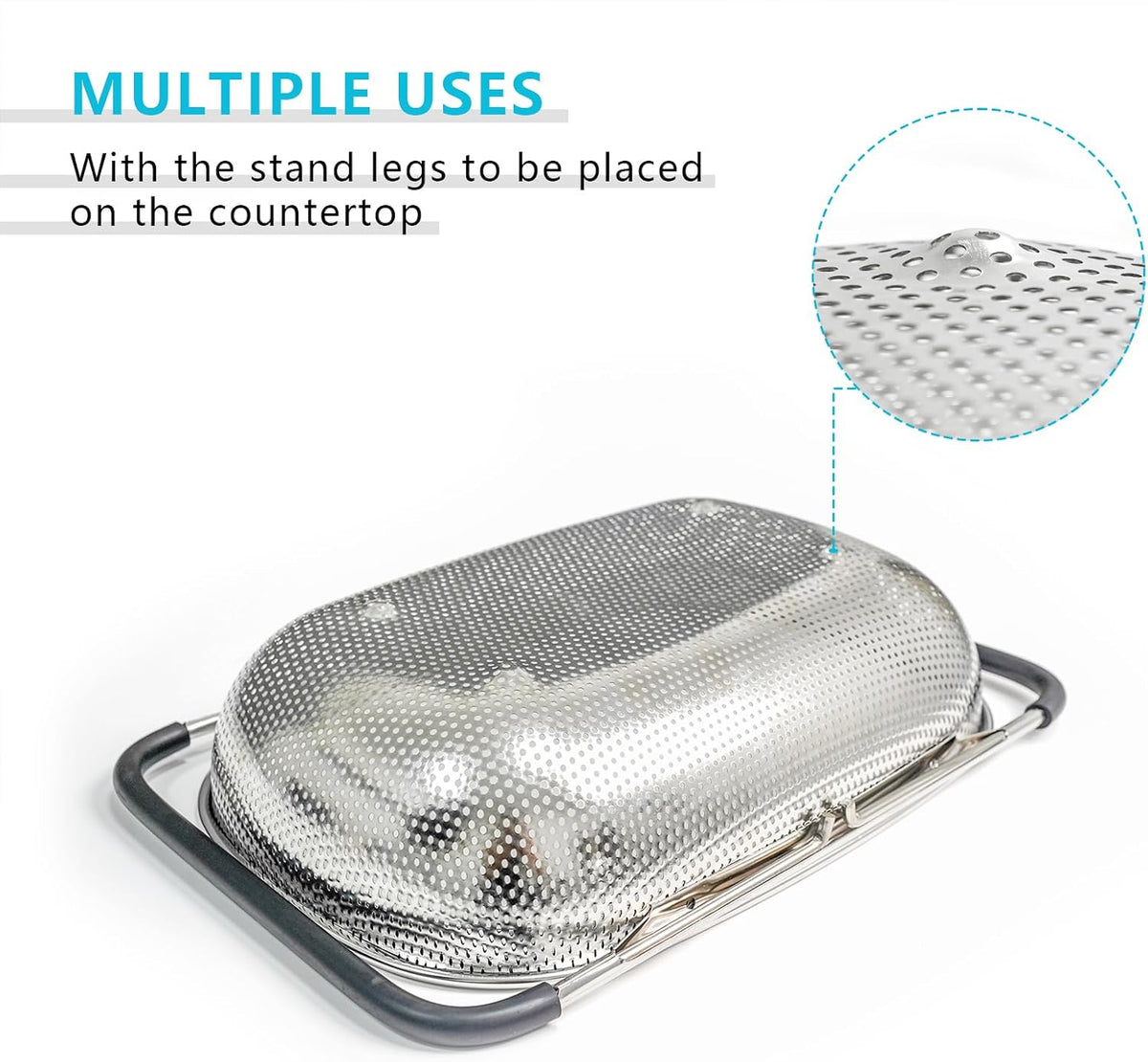 Over the Sink Metal Strainer and Colander for Kitchen - Large Food Strainers and Colanders with Rubber Grip - Sieve Fine Mesh Stainless Steel for Spaghetti, Pasta, Rice, Fruits, Vegetables