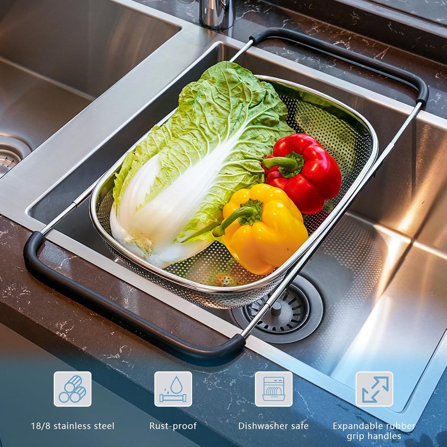 Over the Sink Metal Strainer and Colander for Kitchen - Large Food Strainers and Colanders with Rubber Grip - Sieve Fine Mesh Stainless Steel for Spaghetti, Pasta, Rice, Fruits, Vegetables