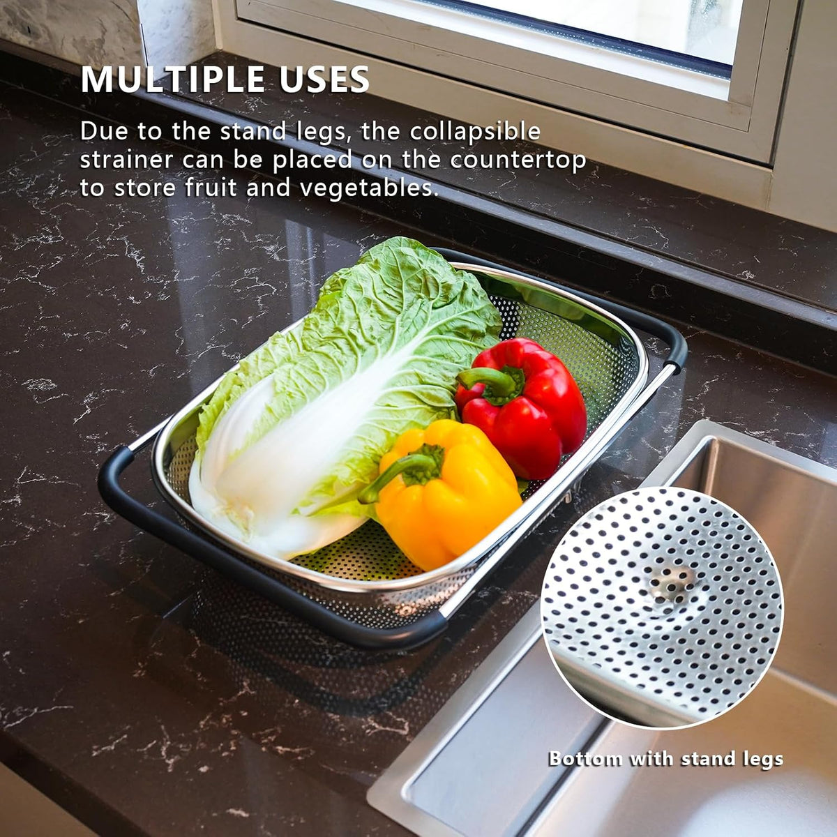 Over the Sink Metal Strainer and Colander for Kitchen - Large Food Strainers and Colanders with Rubber Grip - Sieve Fine Mesh Stainless Steel for Spaghetti, Pasta, Rice, Fruits, Vegetables