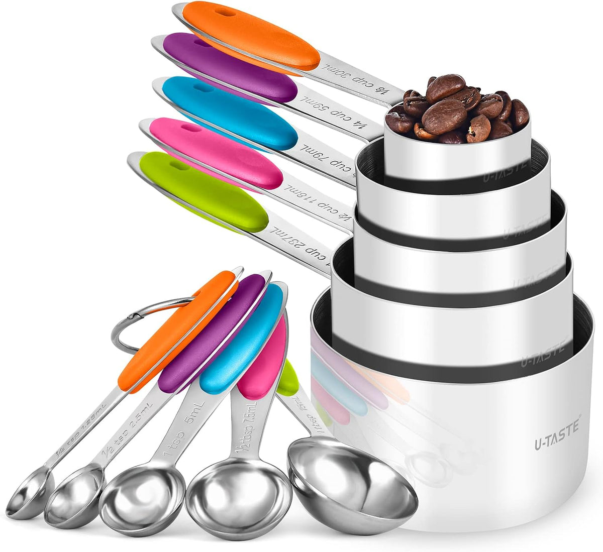 Metal Measuring Cups Spoons Set, Upgraded Handle, 10Pcs, Multicolor