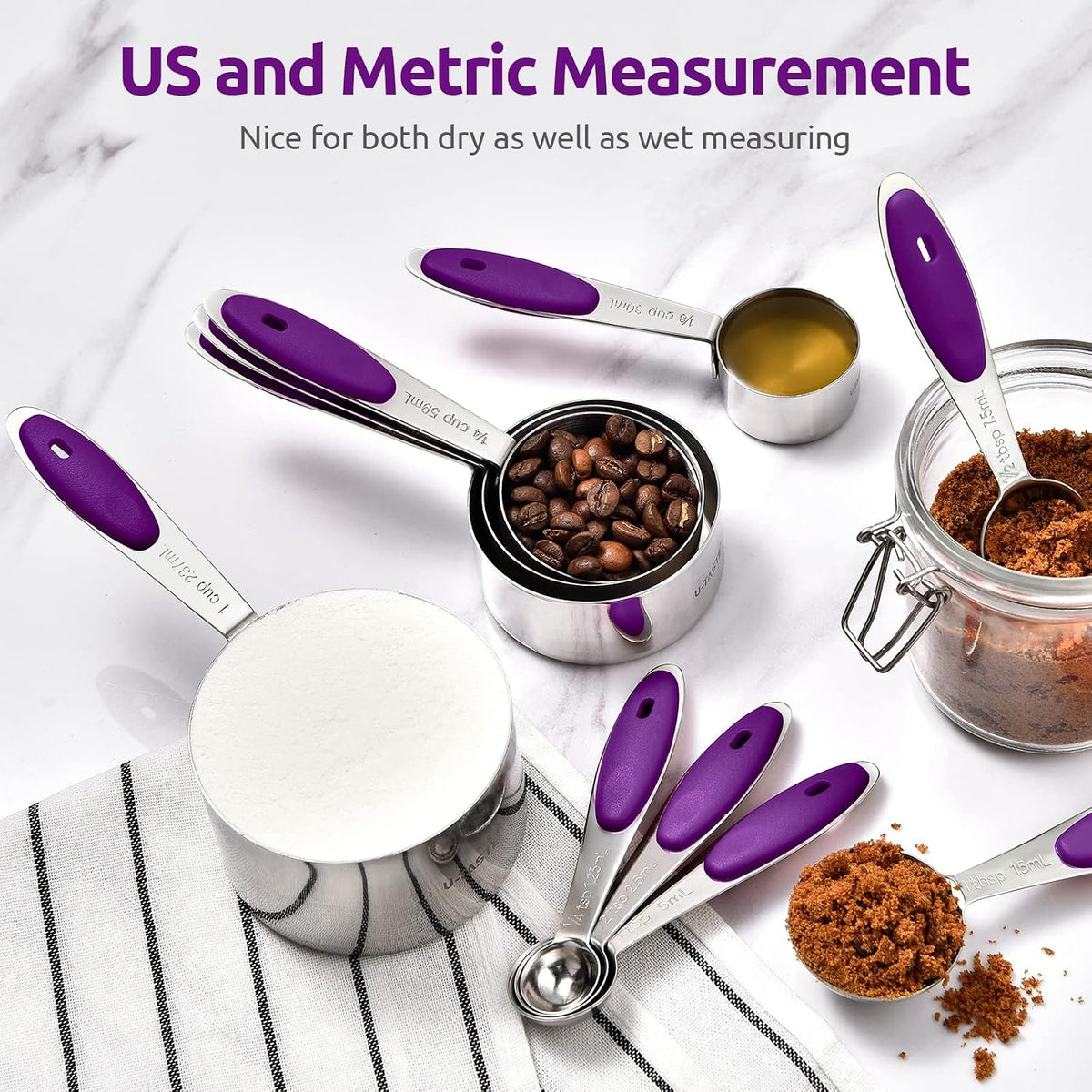 Metal Measuring Cups Spoons Set, Upgraded Handle, 10Pcs, Multicolor