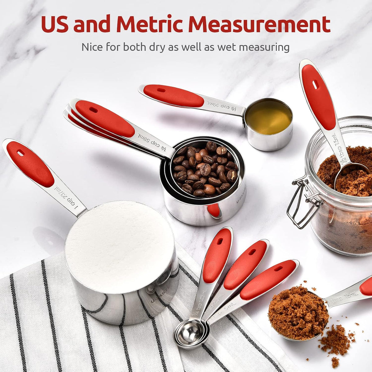 Metal Measuring Cups Spoons Set, Upgraded Handle, 10Pcs, Multicolor