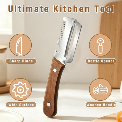 3PCS Multifunctional Vegetable Peeler, 3 in 1 kitchen gadgets, With wooden handle & bottle opener and grater, for potatoes garlic sugarcane carrots and other vegetables or fruits