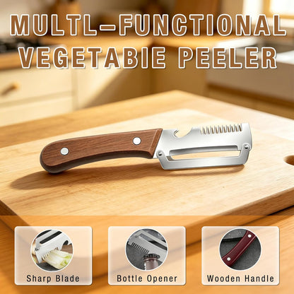 3PCS Multifunctional Vegetable Peeler, 3 in 1 kitchen gadgets, With wooden handle & bottle opener and grater, for potatoes garlic sugarcane carrots and other vegetables or fruits