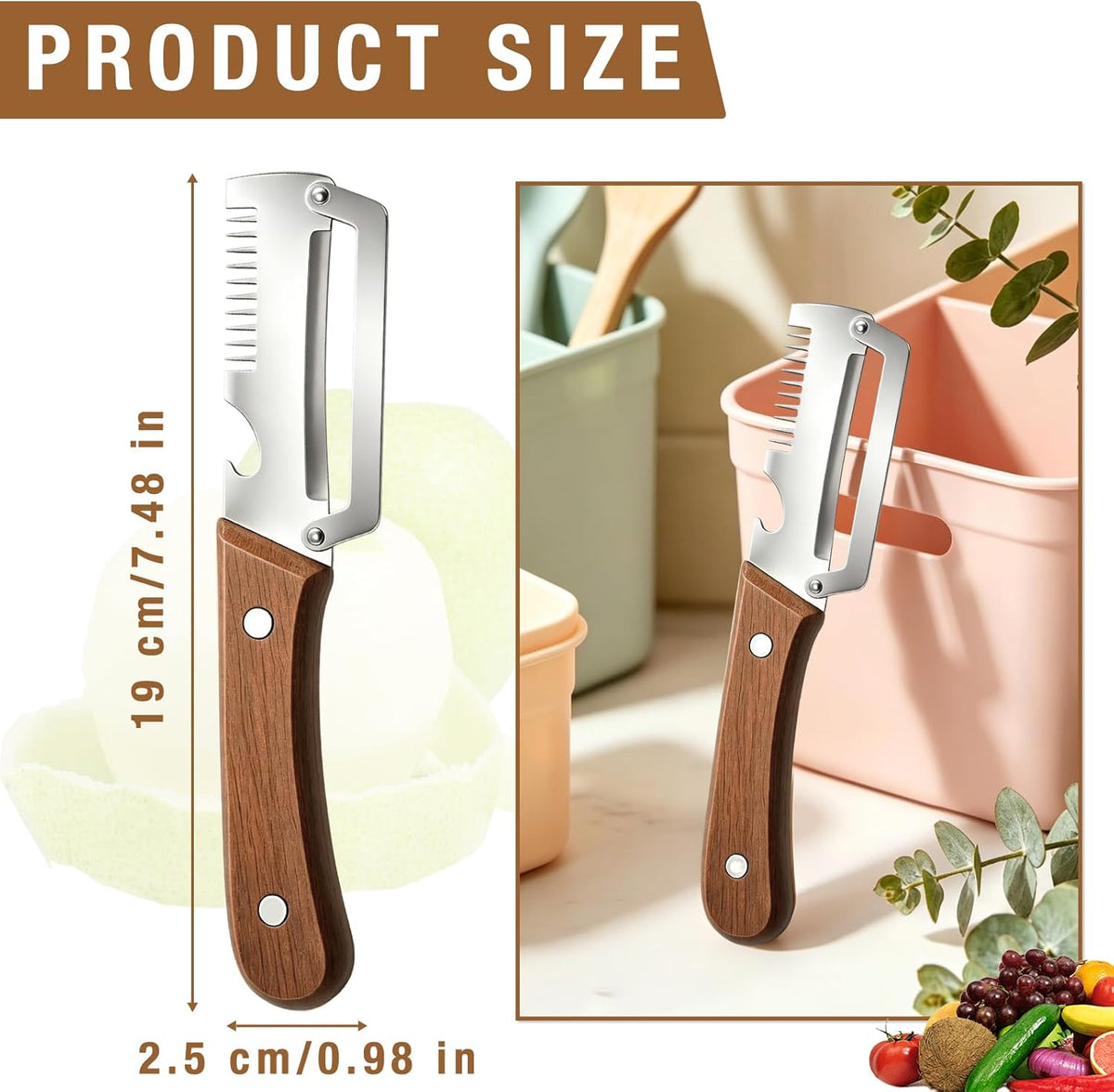 3PCS Multifunctional Vegetable Peeler, 3 in 1 kitchen gadgets, With wooden handle & bottle opener and grater, for potatoes garlic sugarcane carrots and other vegetables or fruits