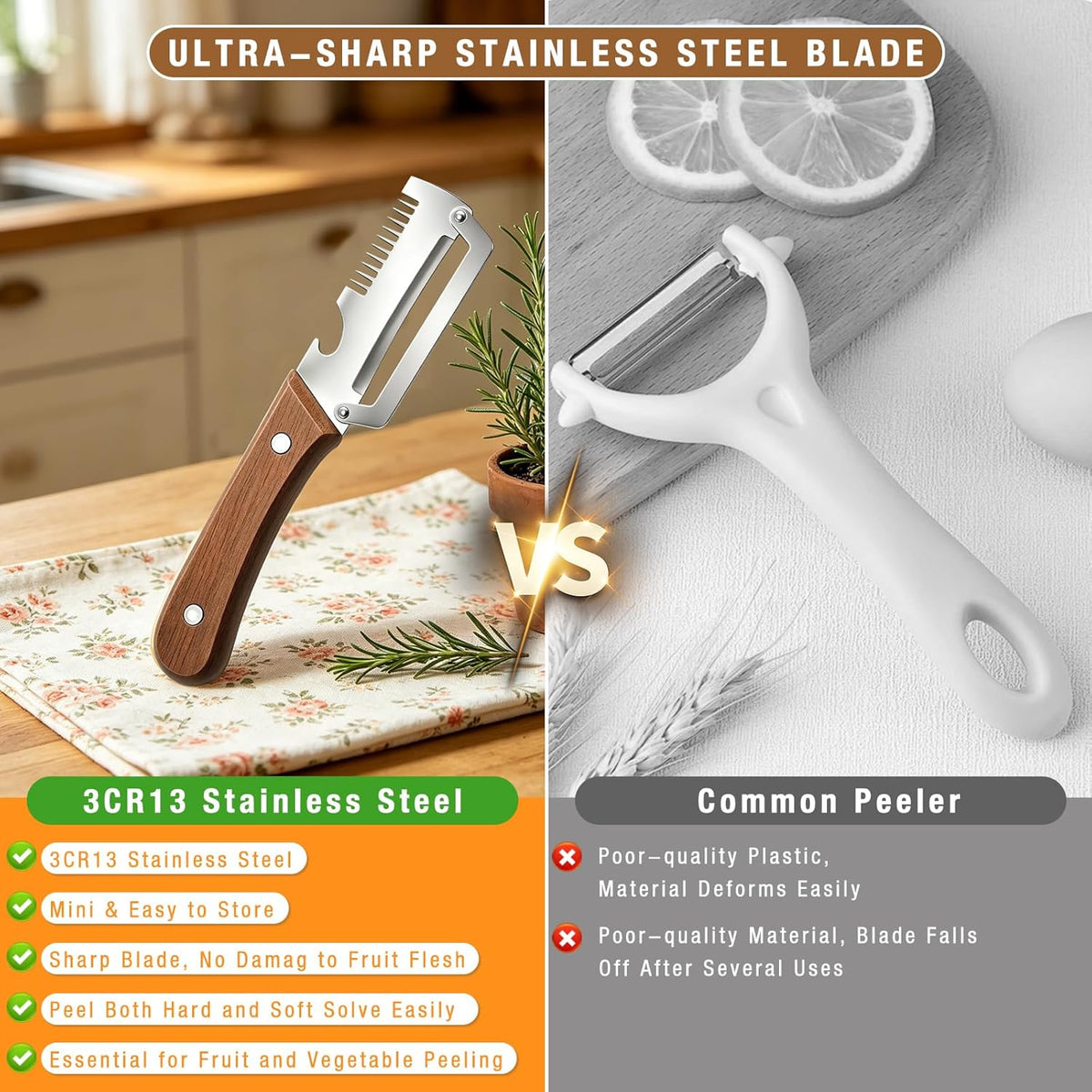 3PCS Multifunctional Vegetable Peeler, 3 in 1 kitchen gadgets, With wooden handle & bottle opener and grater, for potatoes garlic sugarcane carrots and other vegetables or fruits