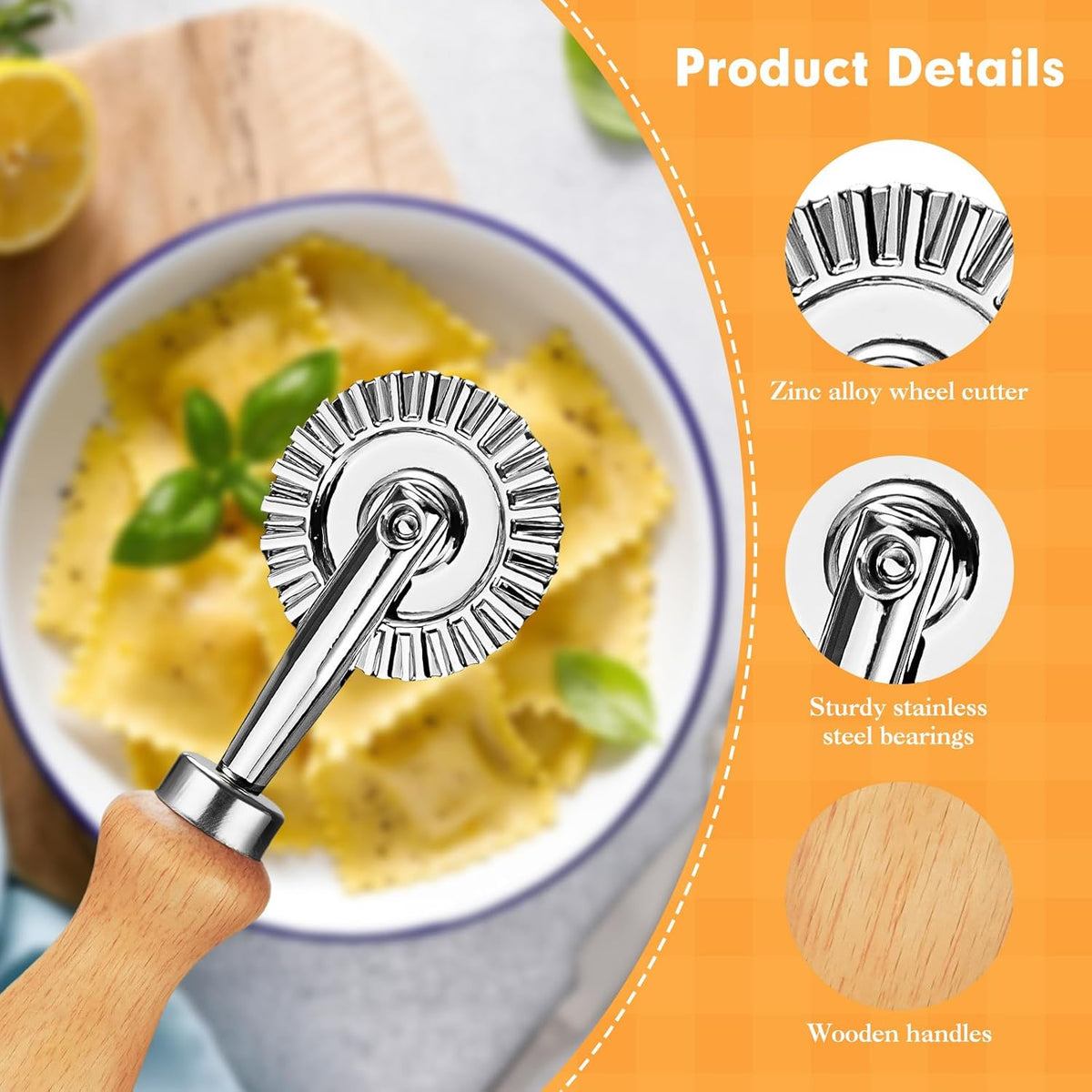 2Pcs Pasta Cutter Wheel Stainless Steel Fluted Pastry Ravioli Cutter Wheel with Wooden Handle Pastry Crimper for Home Kitchen