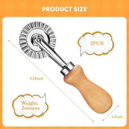 2Pcs Pasta Cutter Wheel Stainless Steel Fluted Pastry Ravioli Cutter Wheel with Wooden Handle Pastry Crimper for Home Kitchen
