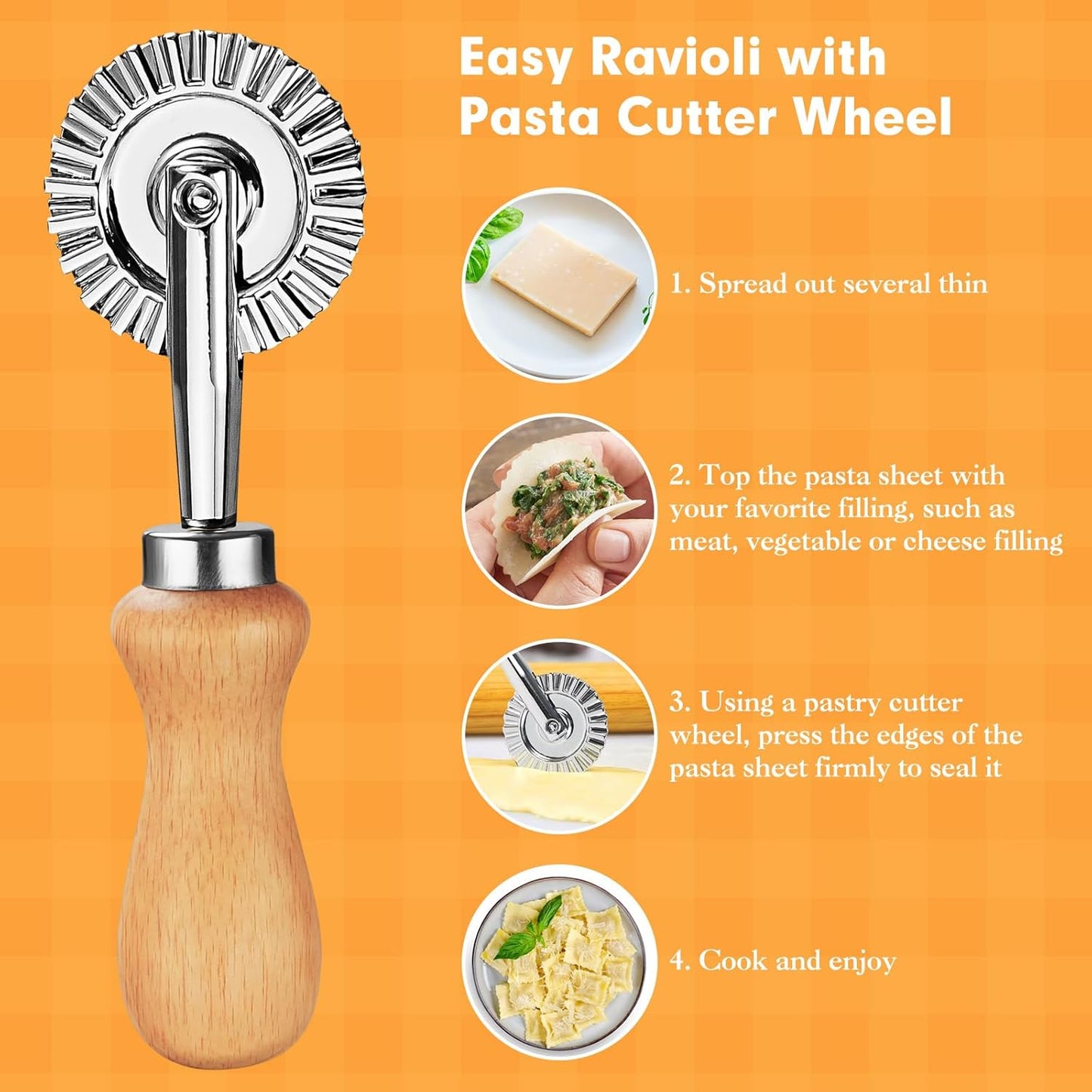 2Pcs Pasta Cutter Wheel Stainless Steel Fluted Pastry Ravioli Cutter Wheel with Wooden Handle Pastry Crimper for Home Kitchen