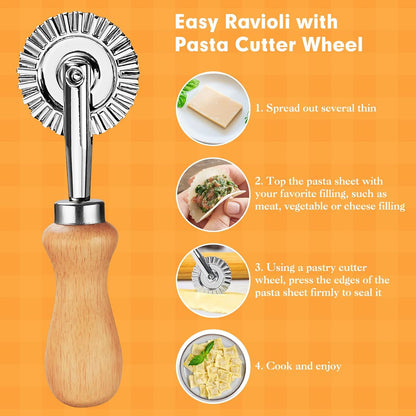 2Pcs Pasta Cutter Wheel Stainless Steel Fluted Pastry Ravioli Cutter Wheel with Wooden Handle Pastry Crimper for Home Kitchen