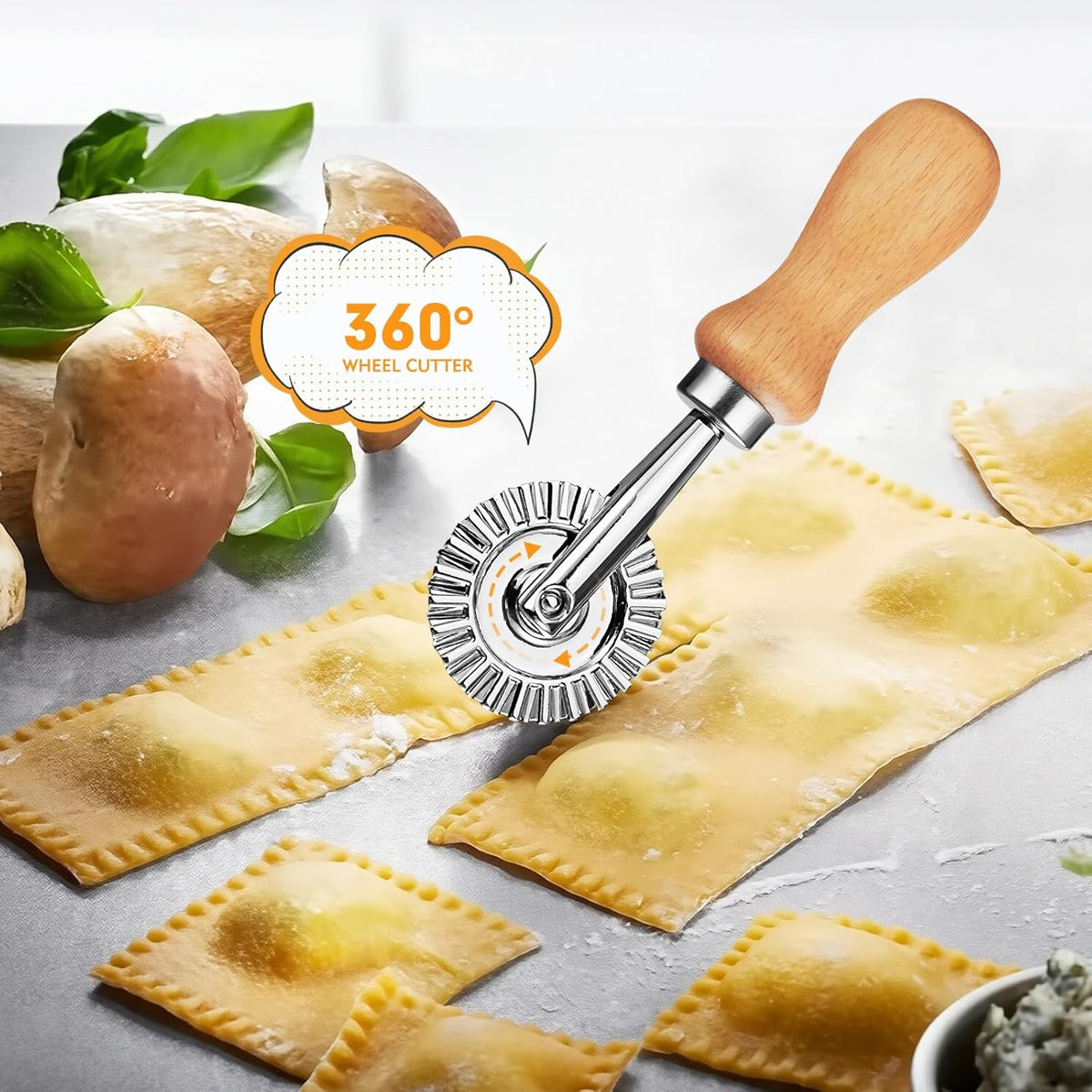 2Pcs Pasta Cutter Wheel Stainless Steel Fluted Pastry Ravioli Cutter Wheel with Wooden Handle Pastry Crimper for Home Kitchen