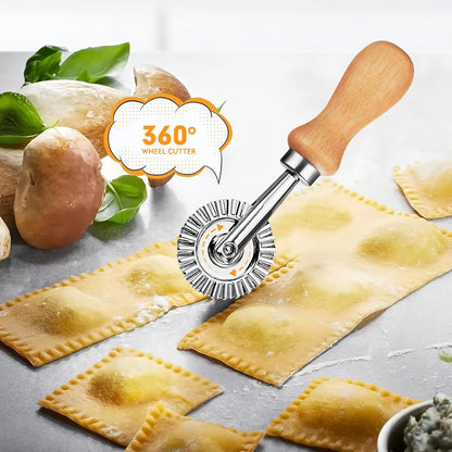 2Pcs Pasta Cutter Wheel Stainless Steel Fluted Pastry Ravioli Cutter Wheel with Wooden Handle Pastry Crimper for Home Kitchen