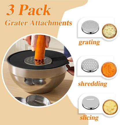 Mixing Bowls with Lids Set, 6 PCS Stainless Steel Mixing Bowls with 3 Grater Attachments, Kitchen Food Storage Organizers Nesting Mixing Bowl, Large Size 4.5, 3.5, 2.1, 1.5, 1.1, 0.7QT