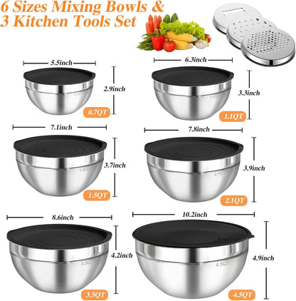 Mixing Bowls with Lids Set, 6 PCS Stainless Steel Mixing Bowls with 3 Grater Attachments, Kitchen Food Storage Organizers Nesting Mixing Bowl, Large Size 4.5, 3.5, 2.1, 1.5, 1.1, 0.7QT