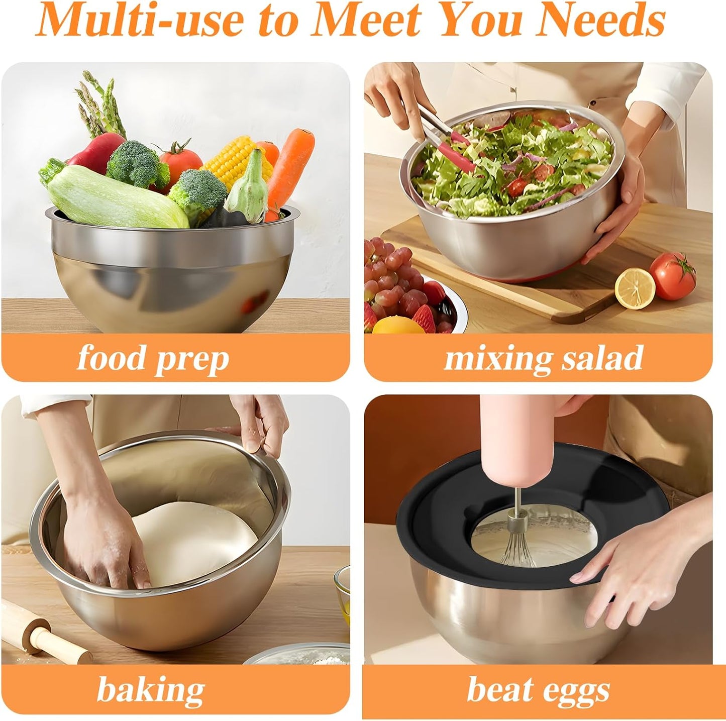 Mixing Bowls with Lids Set, 6 PCS Stainless Steel Mixing Bowls with 3 Grater Attachments, Kitchen Food Storage Organizers Nesting Mixing Bowl, Large Size 4.5, 3.5, 2.1, 1.5, 1.1, 0.7QT