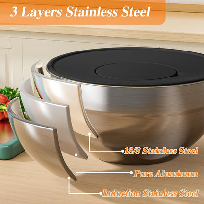 Mixing Bowls with Lids Set, 6 PCS Stainless Steel Mixing Bowls with 3 Grater Attachments, Kitchen Food Storage Organizers Nesting Mixing Bowl, Large Size 4.5, 3.5, 2.1, 1.5, 1.1, 0.7QT