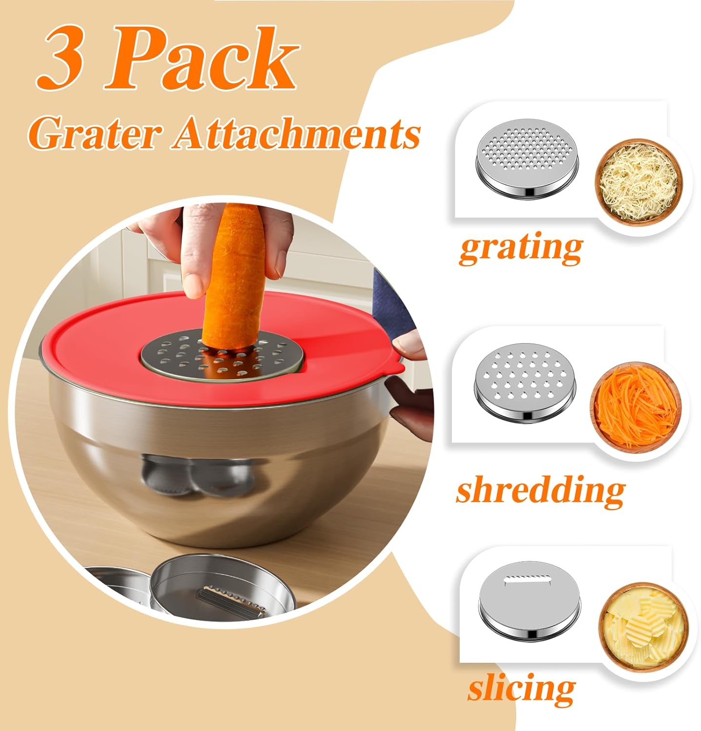 Mixing Bowls with Lids Set, 6 PCS Stainless Steel Mixing Bowls with 3 Grater Attachments, Kitchen Food Storage Organizers Nesting Mixing Bowl, Large Size 4.5, 3.5, 2.1, 1.5, 1.1, 0.7QT