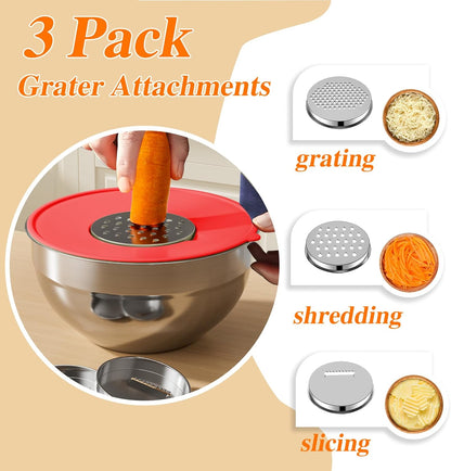 Mixing Bowls with Lids Set, 6 PCS Stainless Steel Mixing Bowls with 3 Grater Attachments, Kitchen Food Storage Organizers Nesting Mixing Bowl, Large Size 4.5, 3.5, 2.1, 1.5, 1.1, 0.7QT
